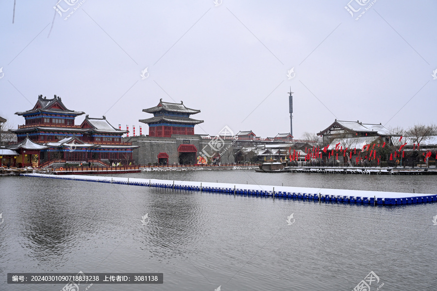 开封清明上河园大雪建筑灯笼雪景