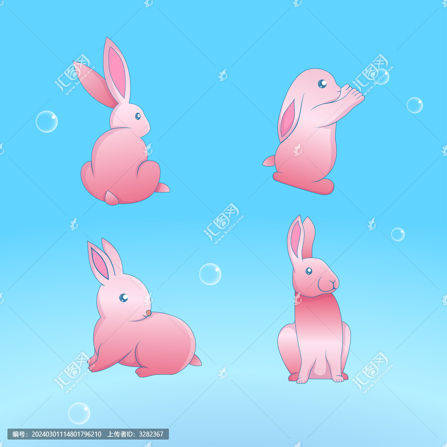 四只形态各异的可爱粉色兔子