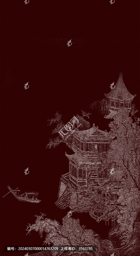 新中式线描古建筑山水框画