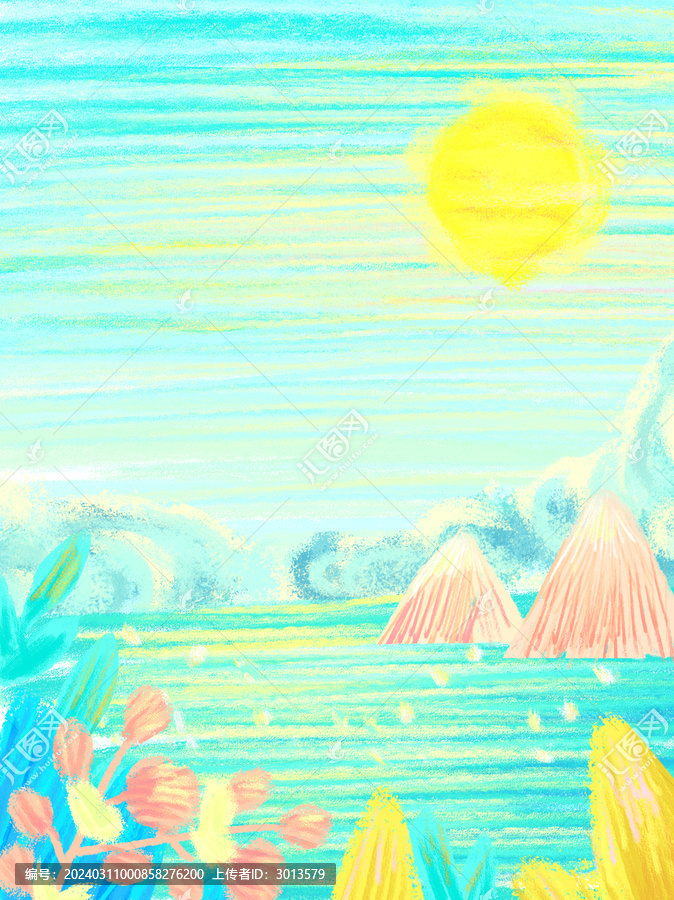 油画棒清新天空草地植物插画背景