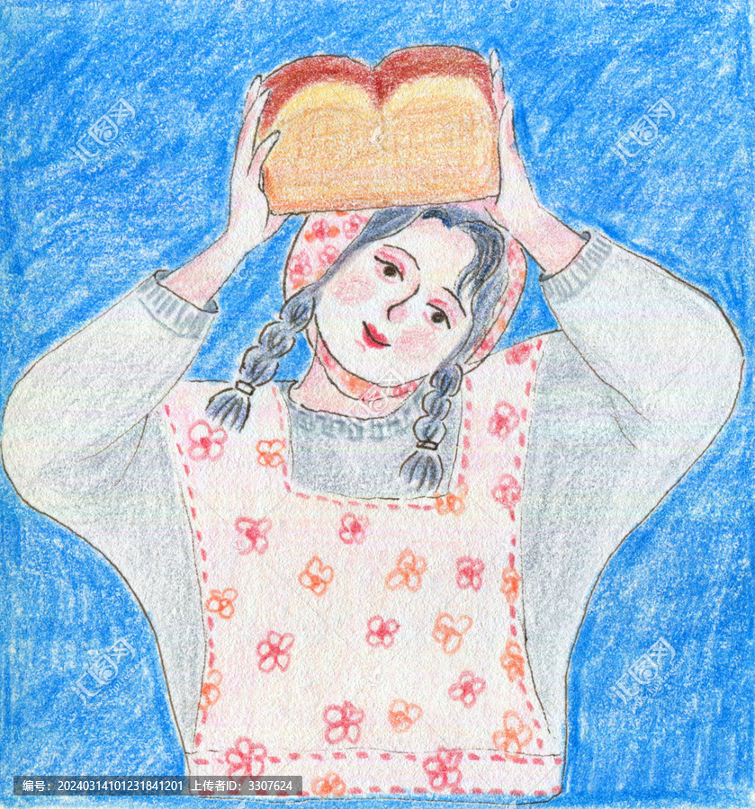 彩铅插画手绘举面包的女孩烘焙