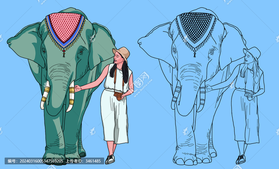 大象女人正面上色线稿插画