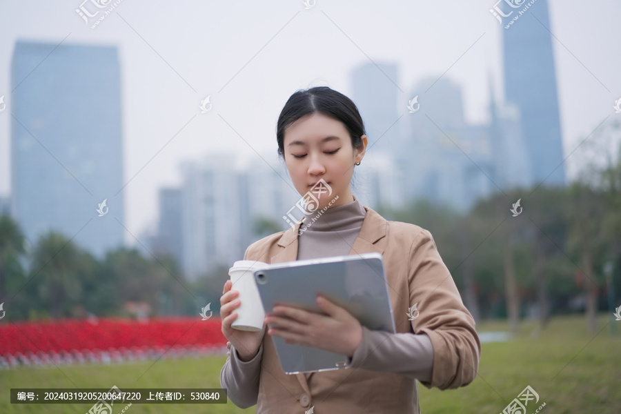 在户外公园里职业女性查看平板