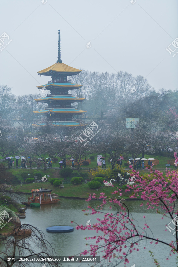 雨天武汉东湖樱园五重塔