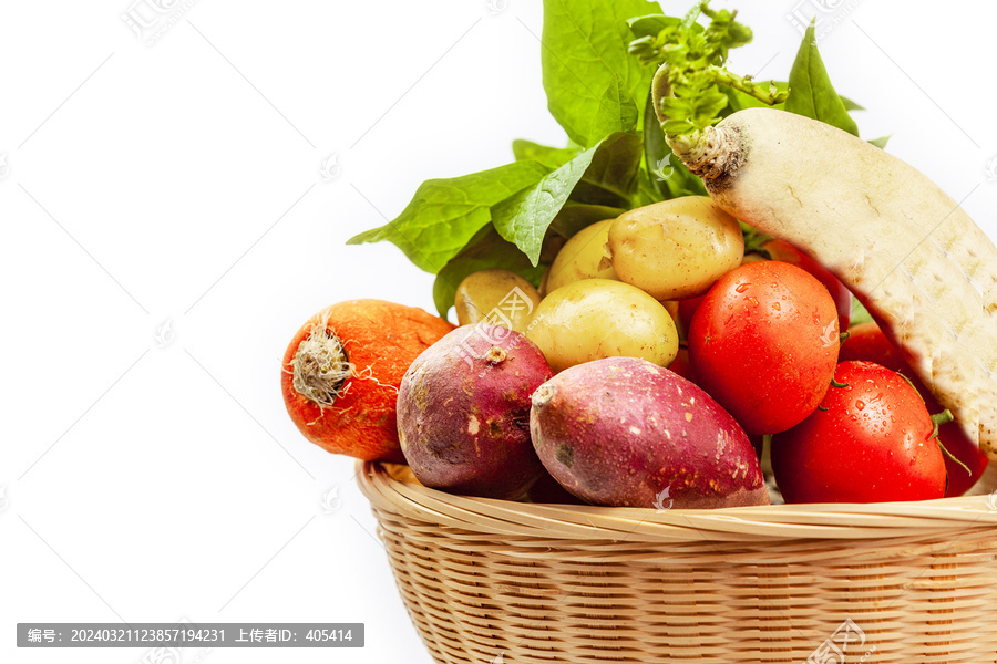 白色背景上一篮子的新鲜蔬菜