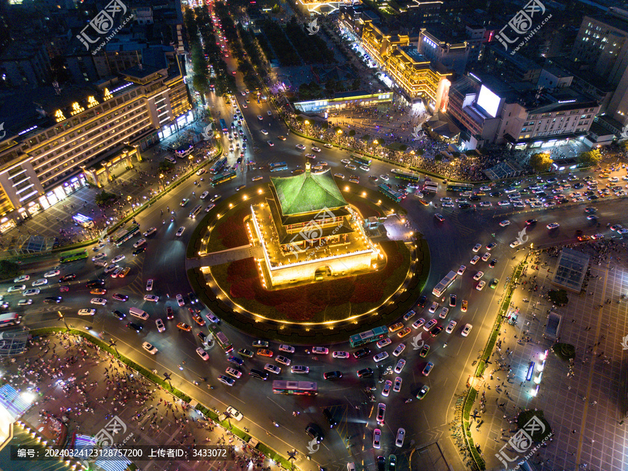 陕西西安钟楼夜景航拍