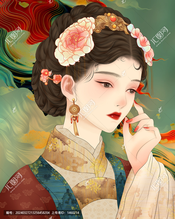 手绘古典美女插画国潮风