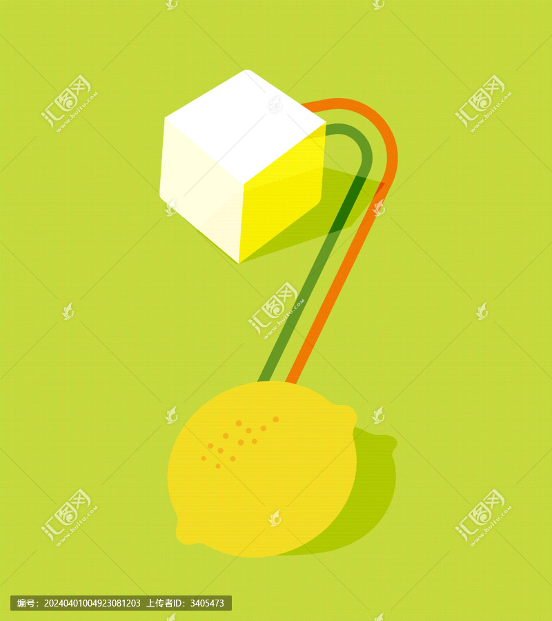 绿色清新背景中的柠檬冰块和吸管