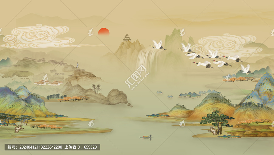 新中式青绿山水背景墙壁画