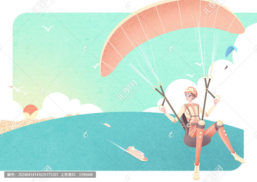 扁平风夏日海上滑翔伞运动插画