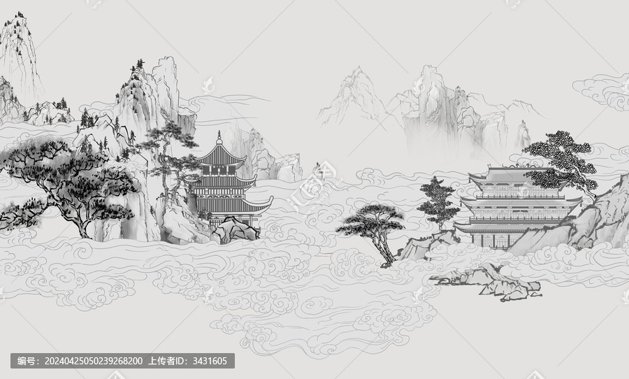中式线描山水画