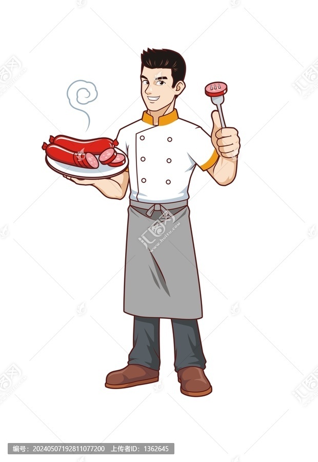 卡通年轻男厨师端红肠形象矢量图