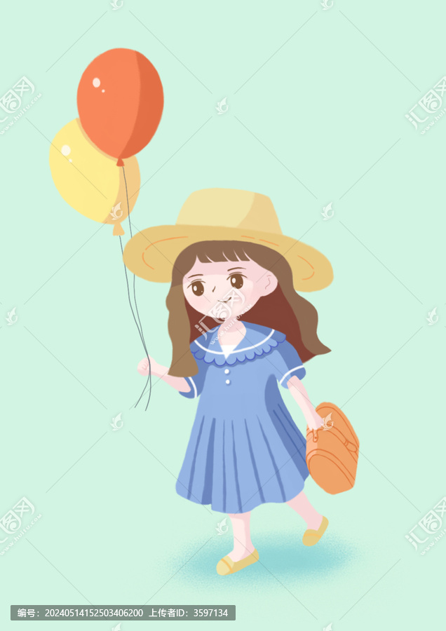 草帽气球出游海军服女孩儿童节