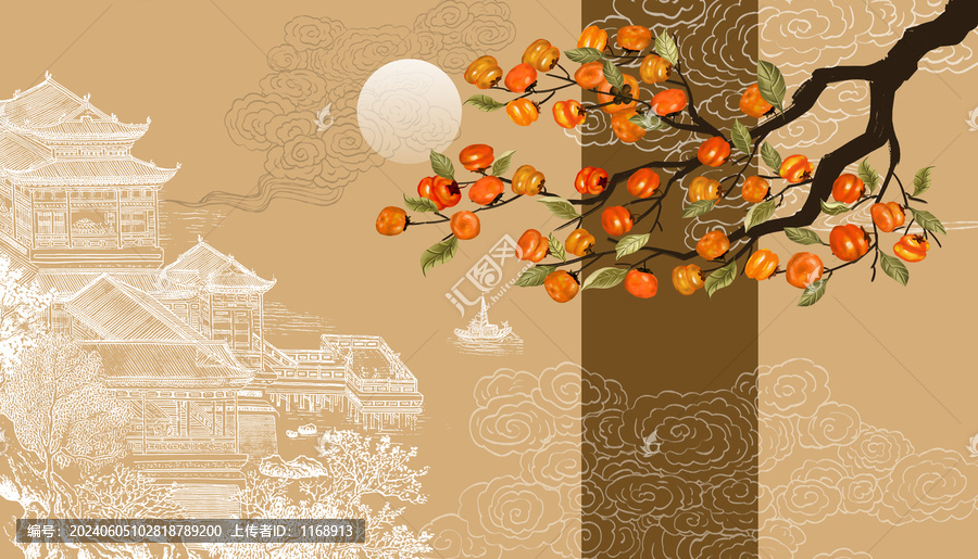 中式楼阁刺绣山水壁画