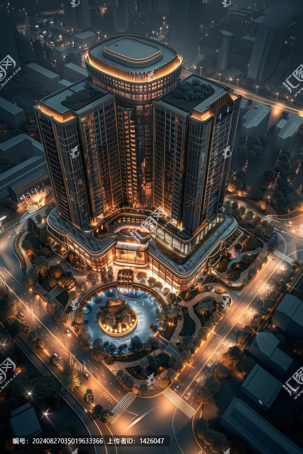 夜晚灯光照耀下的现代建筑俯瞰图