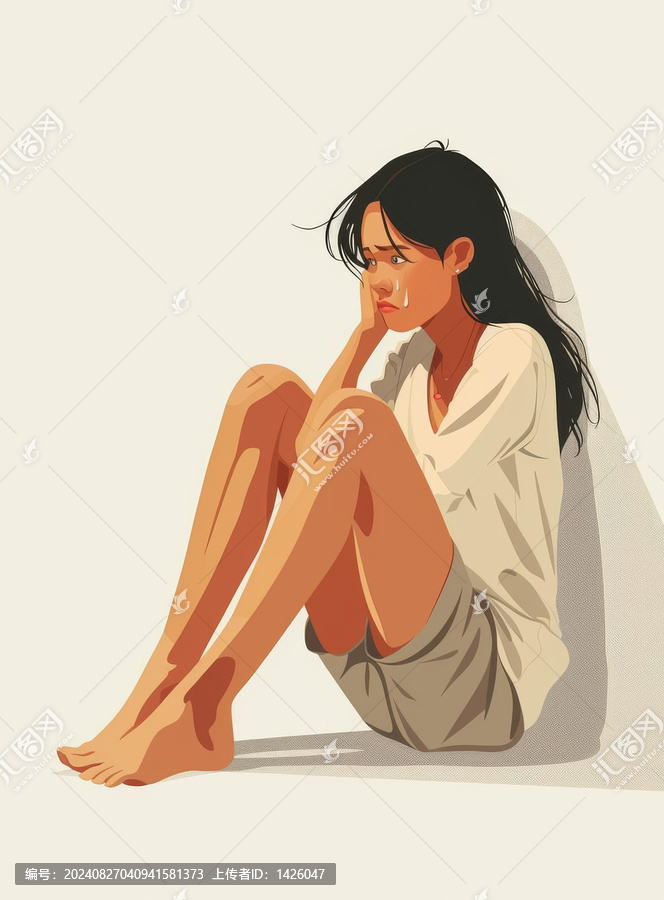 一个悲伤的女孩坐在地板上