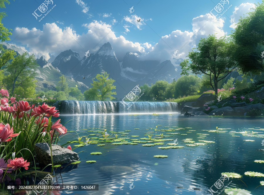 奇幻的瀑布山脉和鲜花景观