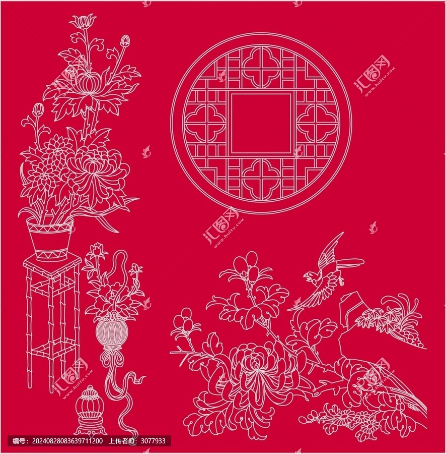 中秋菊花花鸟漏窗图