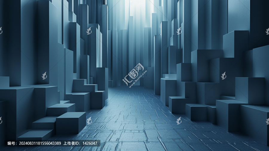 蓝色几何体构建的未来都市