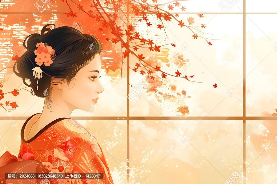 一个身穿和服的美丽日本女人站在窗户前。