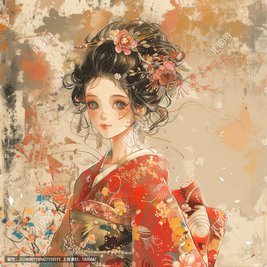 一个美丽的黑发和服日本艺伎