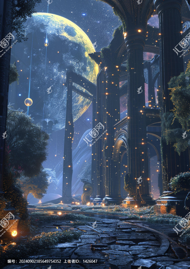 奇幻风景与废墟和巨大月亮
