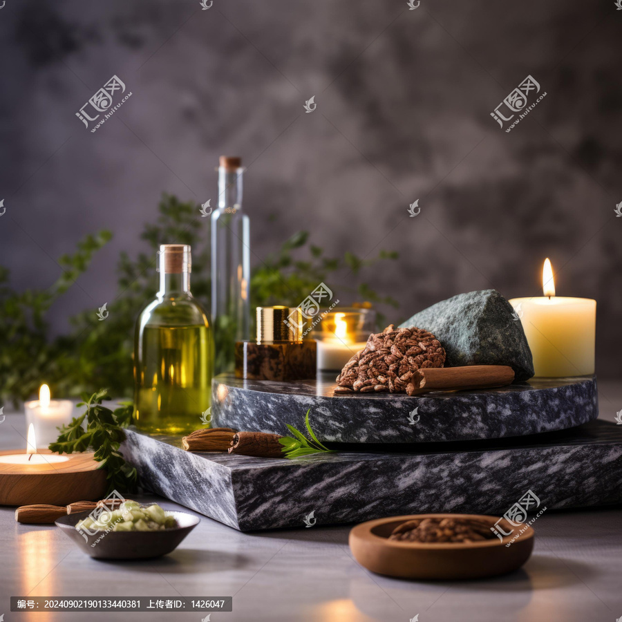 大理石背景上的绿色植物和蜡烛水疗产品
