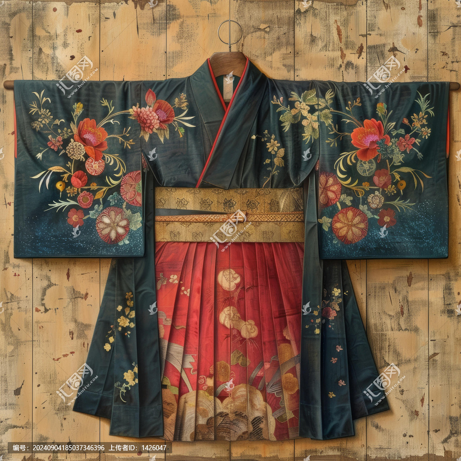 一幅绣有花卉图案的和服被挂在木质墙壁上