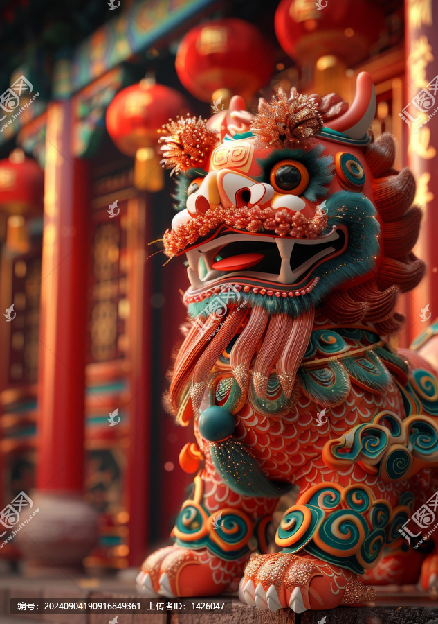 一只色彩鲜艳、细节精美的中国狮子石像的近景，背景为红色