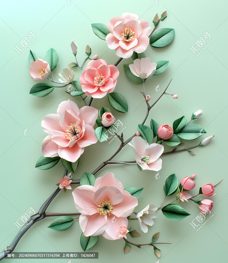 绿色背景上的粉色和白色纸花