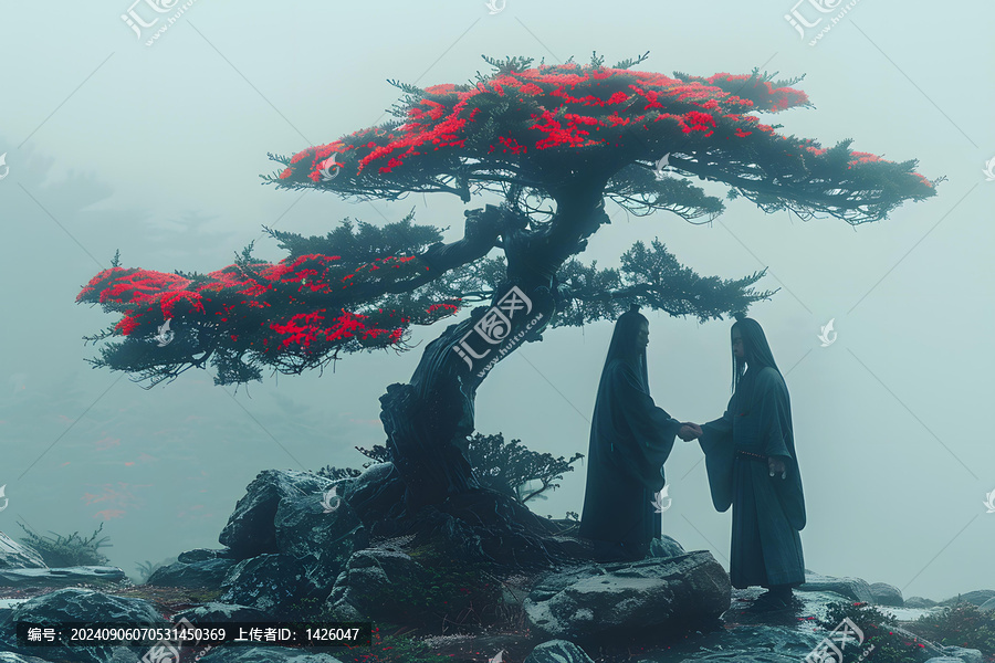 两个人穿着黑色的和服站在一棵红叶树下