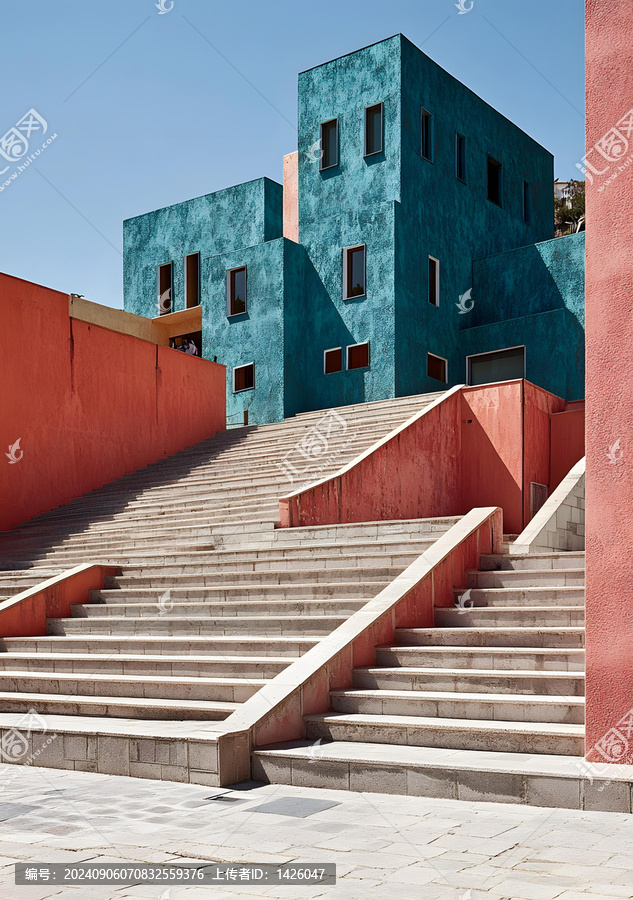 彩色建筑前的现代建筑楼梯