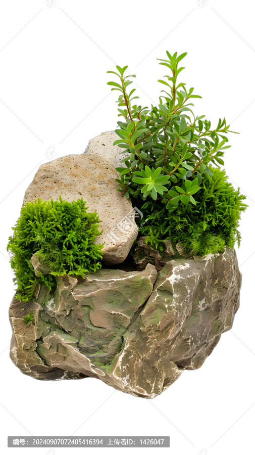 [免抠素材]白色背景上的绿色植物和岩石