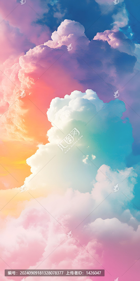 梦幻的彩色天空和蓬松的白色云朵