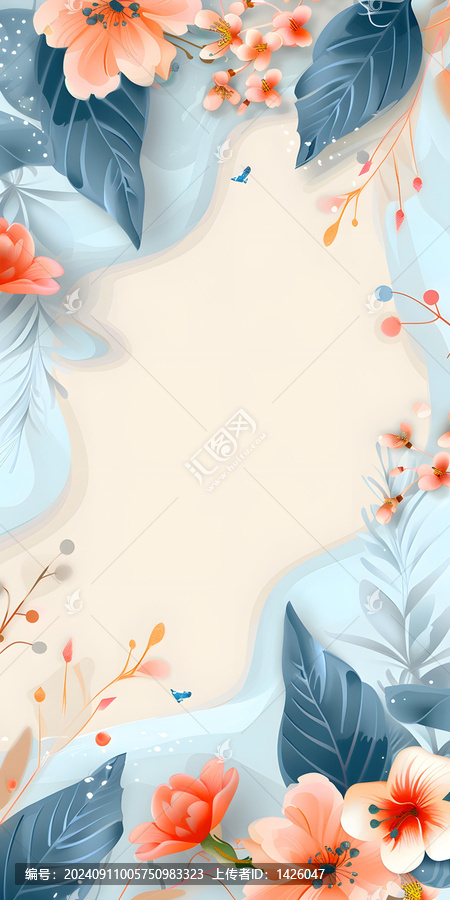 蓝色叶子与桃红色花朵的精美花卉