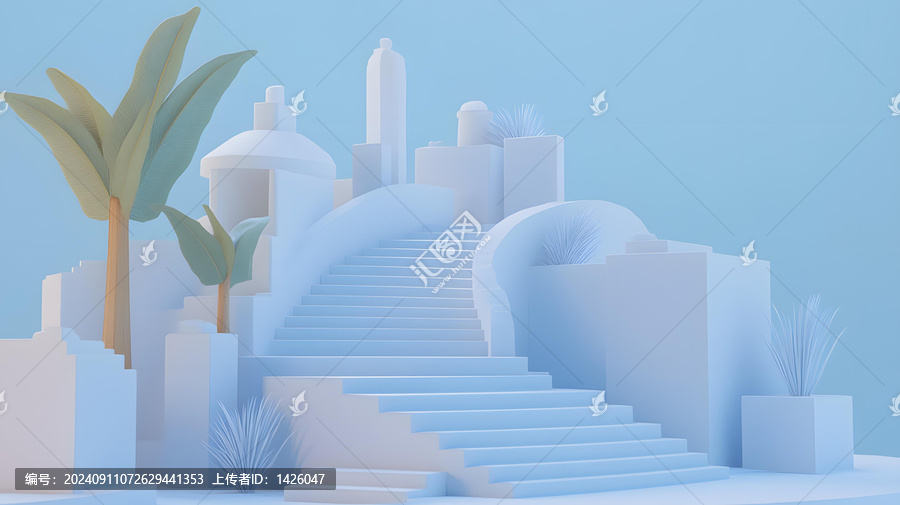 简约蓝色3D楼梯与棕榈树渲染