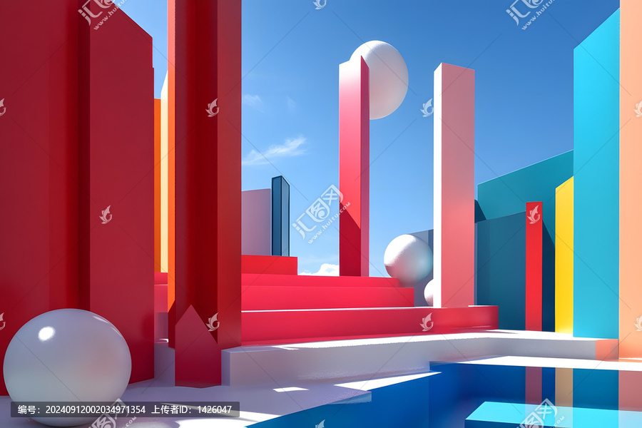 抽象几何图形，简约色彩，现代建筑风格
