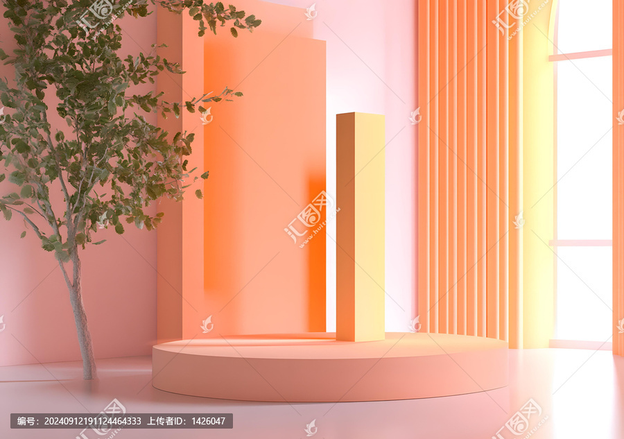 简约几何形状桃粉色房间3D渲染抽象背景