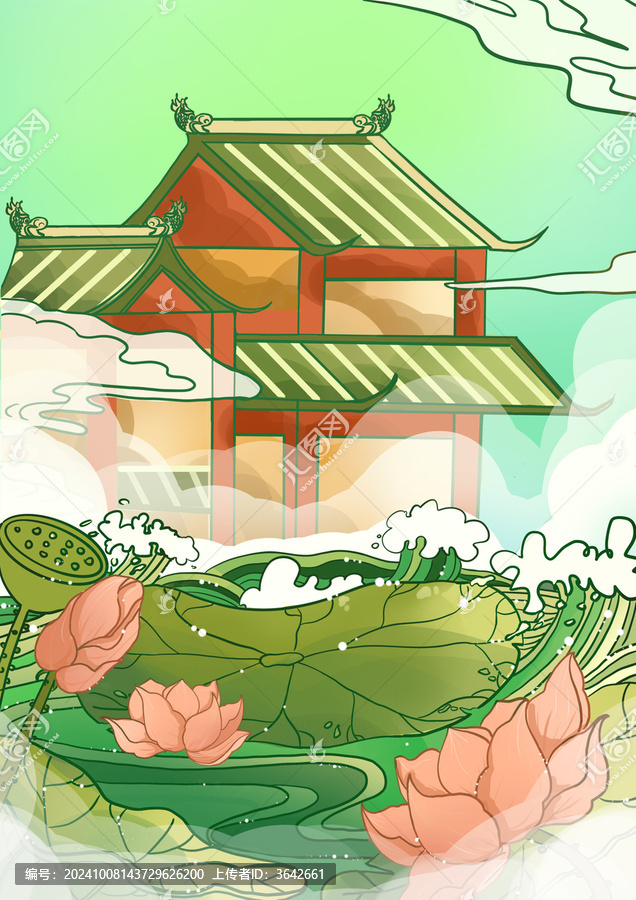 国潮风山水建筑夏季荷花荷塘场景