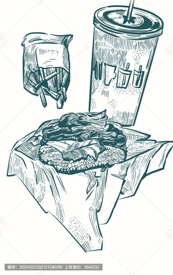 手绘线条单色米汉堡美食插画