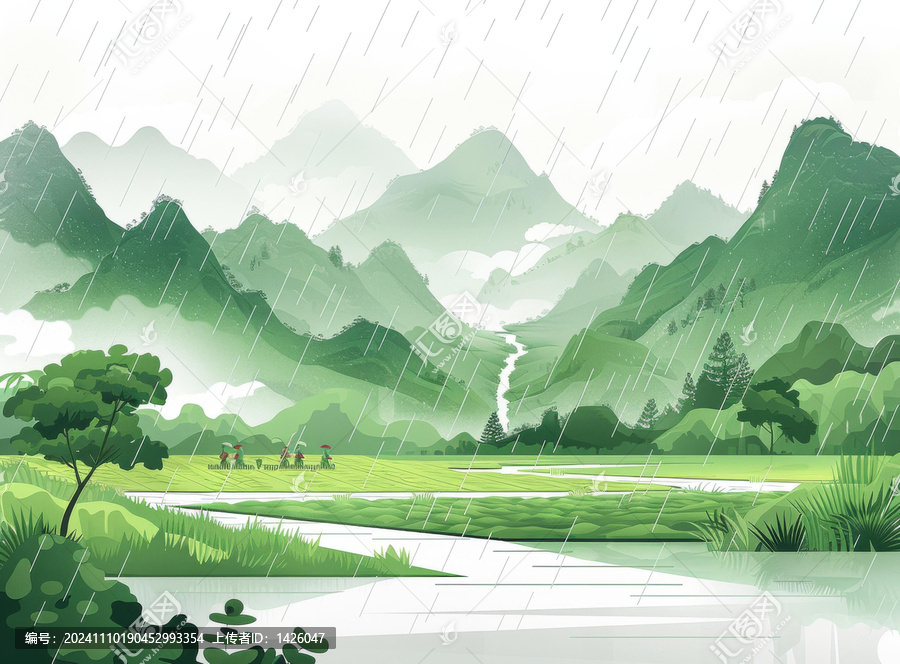 亚洲农民在雨季在稻田中种植水稻