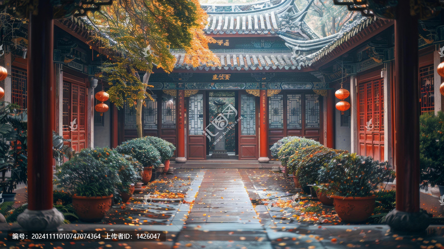 秋日传统中式寺庙庭院的宁静之美