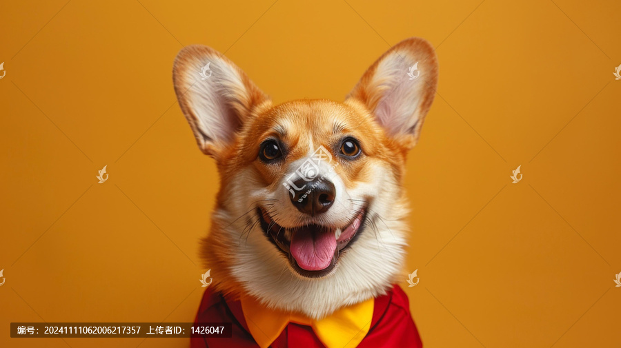 一只穿着红色衬衫和黄色领结的快乐柯基犬