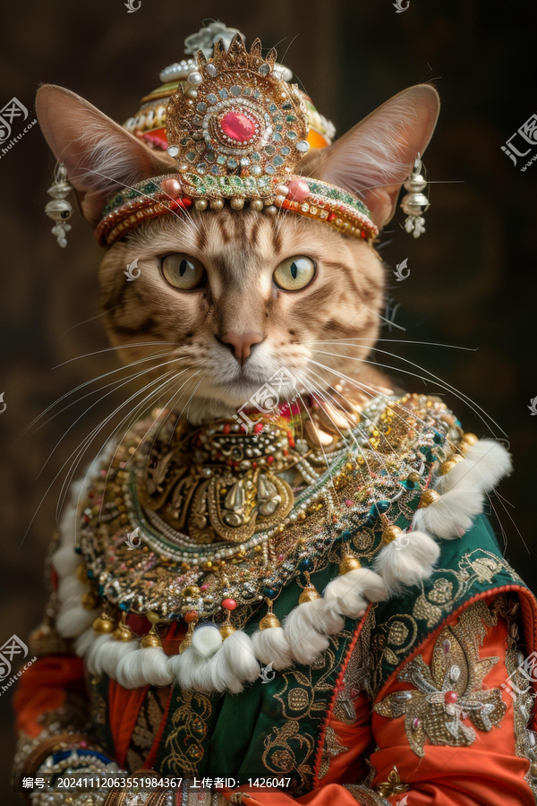 一只戴着金王冠和宝石项链的猫