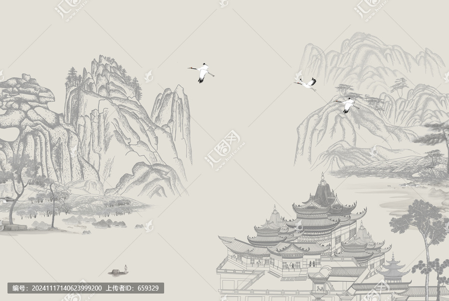 线描楼阁山水图