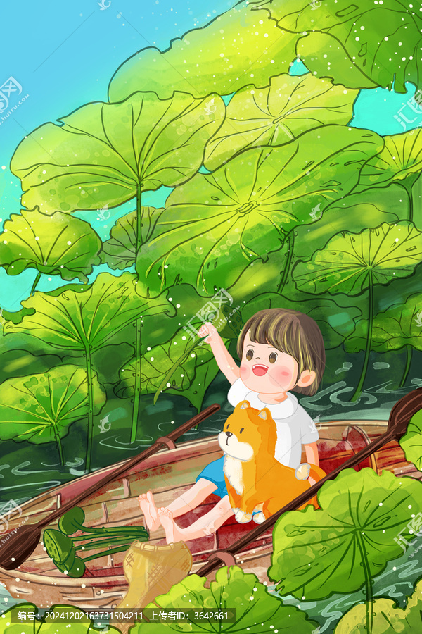 小暑节气夏天小朋友和狗荷塘治愈手绘插画