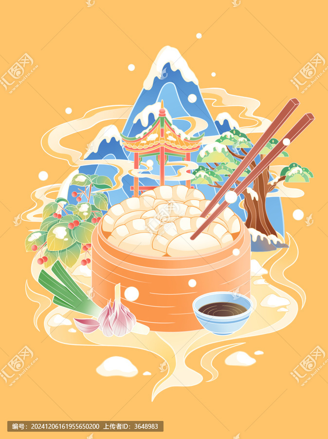 冬至吃饺子国潮山亭子松树