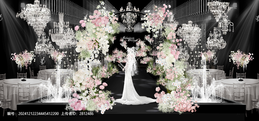 高级韩式白粉花艺水晶婚礼效果图