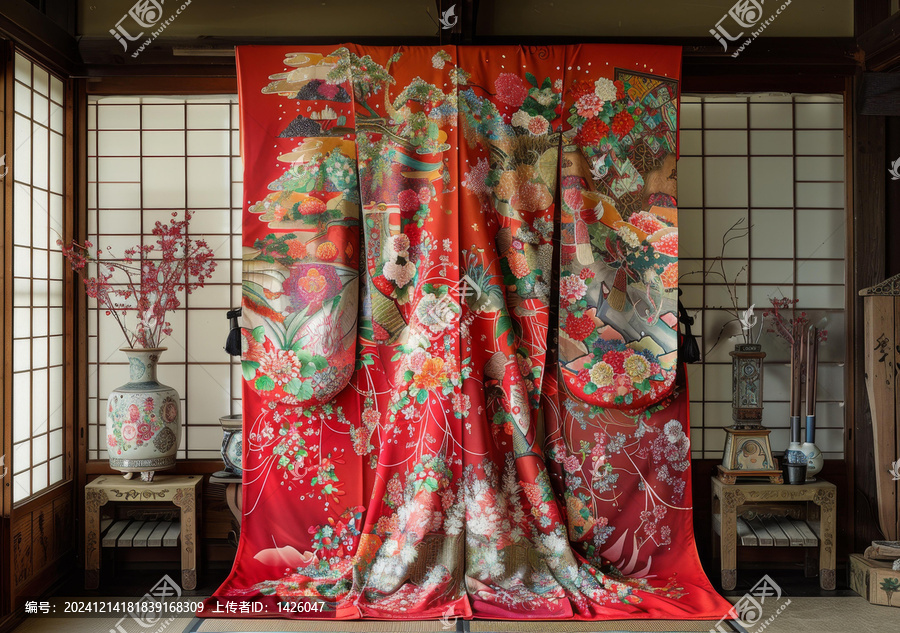 一件绣有樱花和富士山图案的和服