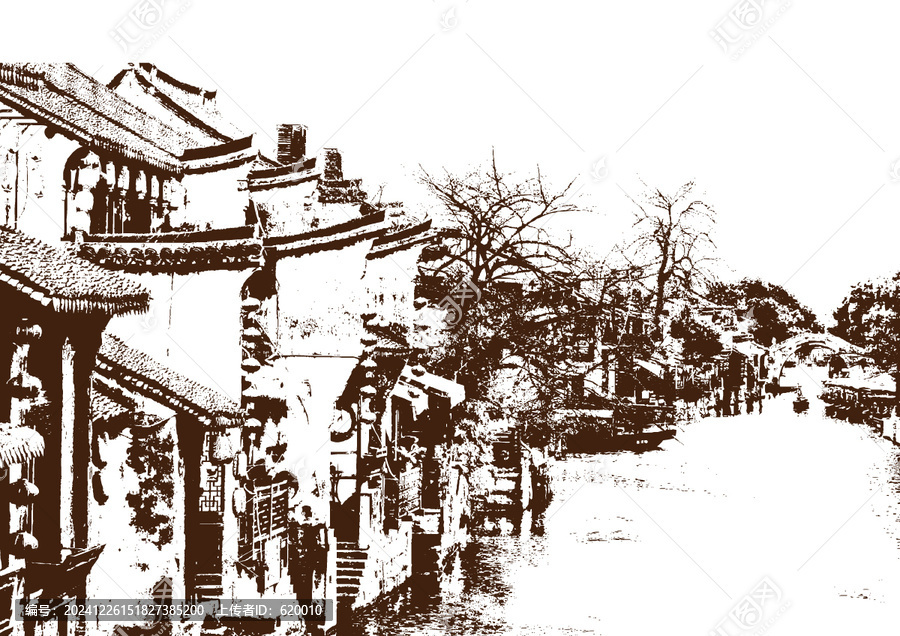 江南水乡乌镇古镇民居底纹素描版画矢量图案